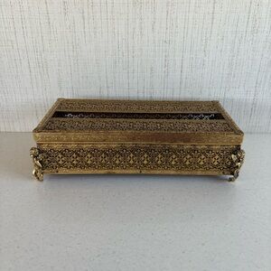 Vintage 1950s Gold Metal Tissue Box Holder with Cherub Angel Feet